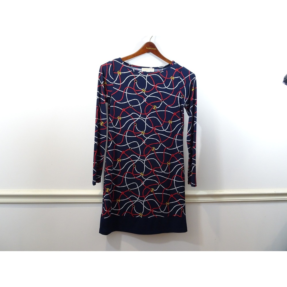 Michael Kors Navy Blue Nautical Rope Print Long Sleeve Sheath Dress Womens Small